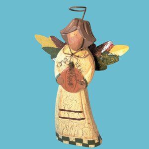 Wooden Angel Figurine Holding Pumpkin Thanksgiving Fall Autumn Rustic Decor